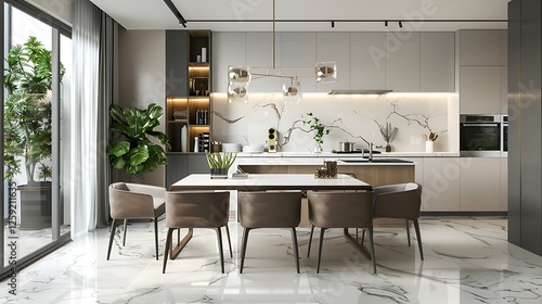 Luxury kitchen interior with dining table, chairs, white counters, plants, sink with tap and lamp