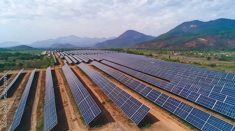Aerial View of Solar Panel Farm in Rural Landscape Aerial View of Solar Panel Farm in Rural Landscape
