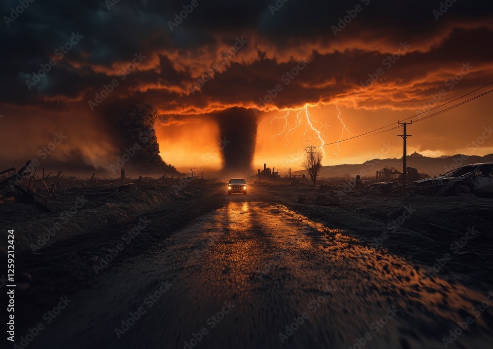 Dramatic Storm with Tornadoes and Lightning Over Desolate Landscape Dramatic Storm with Tornadoes and Lightning Over Desolate Landscape