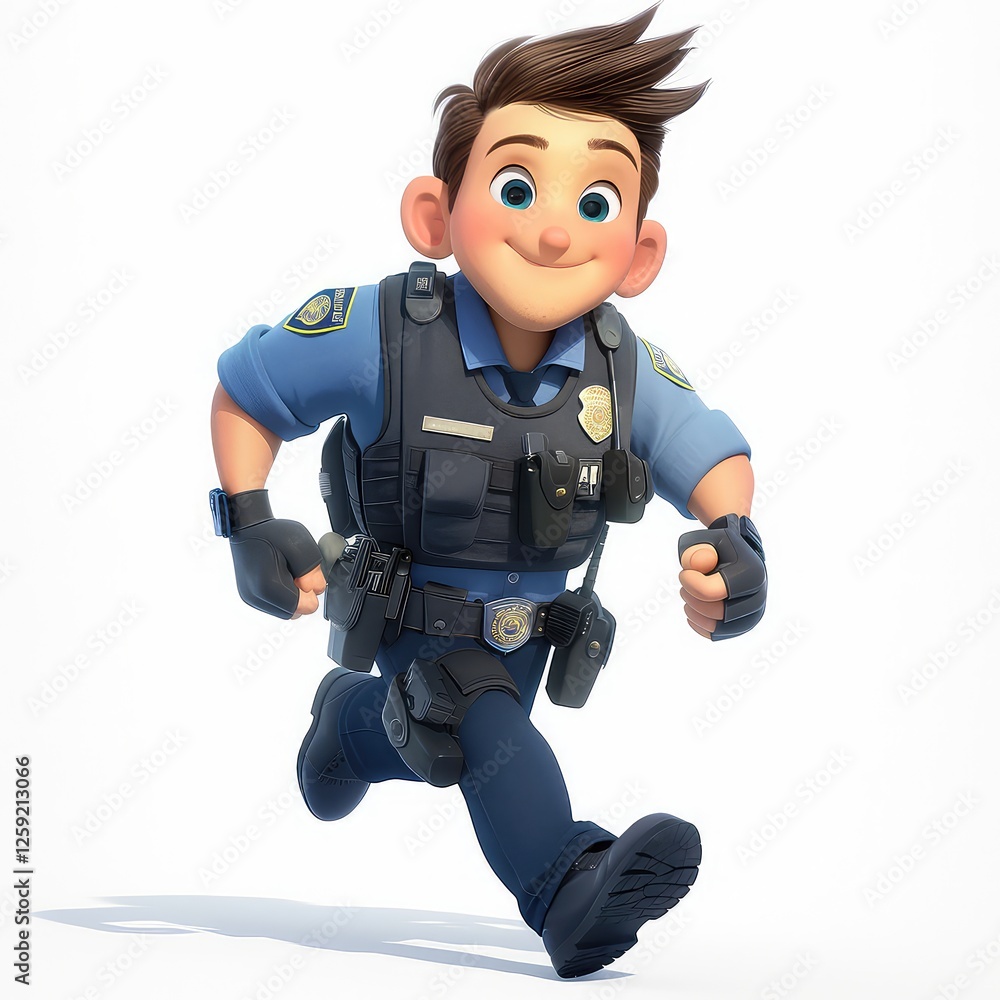A dashing cartoon police officer in action! This 3D animated character embodies courage, duty, and service, bringing a playful yet determined spirit to law enforcement. A dashing cartoon police officer in action! This 3D animated character embodies courage, duty, and service, bringing a playful yet determined spirit to law enforcement.