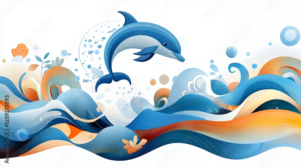 Colorful Ocean Waves With A Jumping Dolphin Colorful Ocean Waves With A Jumping Dolphin