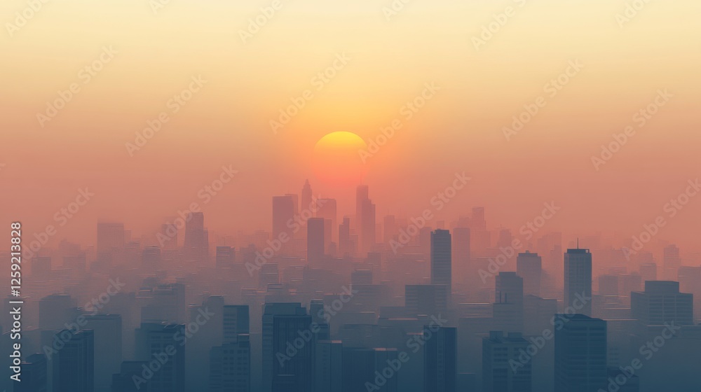 A city skyline covered in smog and haze, with the sun barely visible through the pollution, demonstrating the environmental consequences of global warming in urban areas. A city skyline covered in smog and haze, with the sun barely visible through the pollution, demonstrating the environmental consequences of global warming in urban areas.