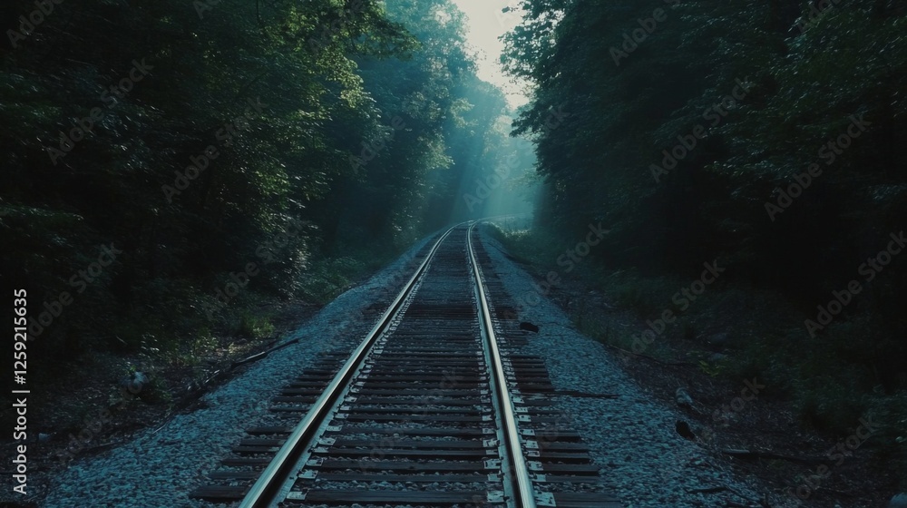 A long, straight railway track with gravel between the rails, stretching through a dense forest, with sunlight filtering through the trees, representing peaceful solitude. A long, straight railway track with gravel between the rails, stretching through a dense forest, with sunlight filtering through the trees, representing peaceful solitude.