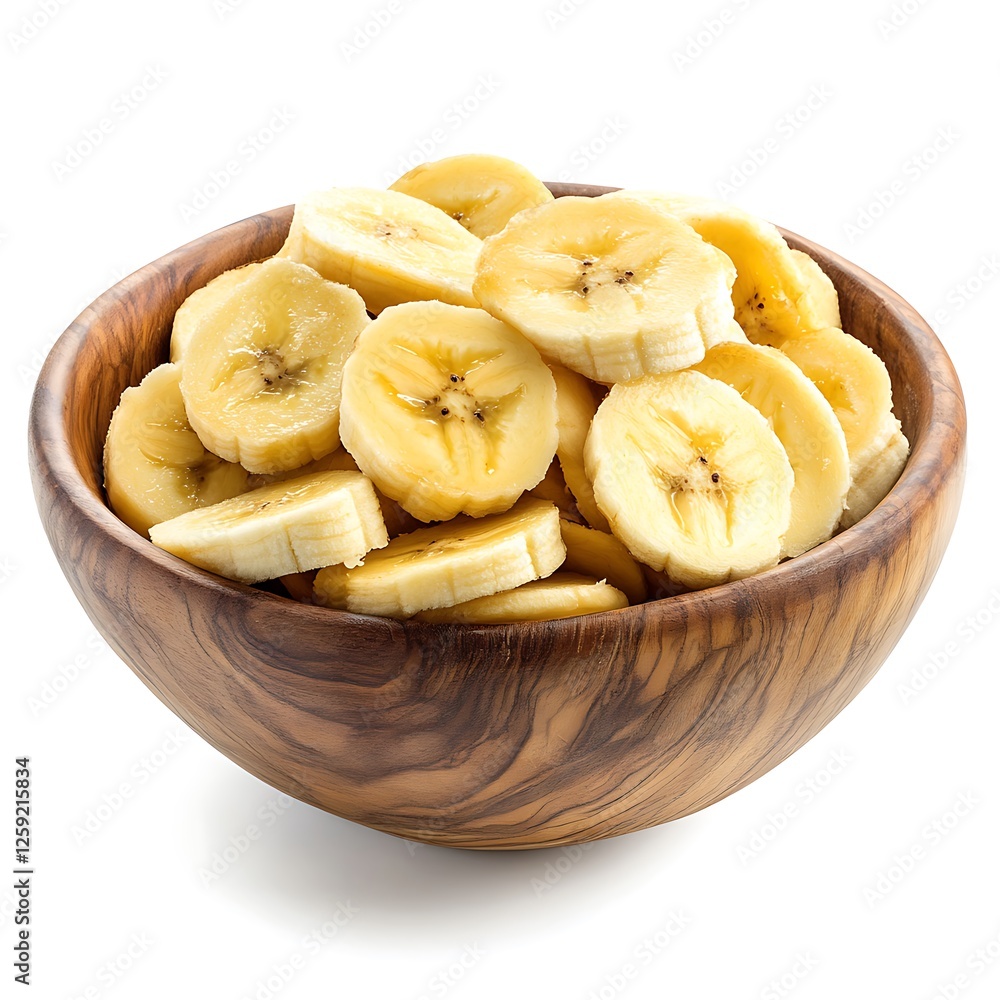 Banana slice chips in wooden bowl on white background Banana slice chips in wooden bowl on white background