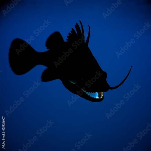 Silhouette of Fangtooth Fish in Dark Blue Ocean Depths Underwater photo