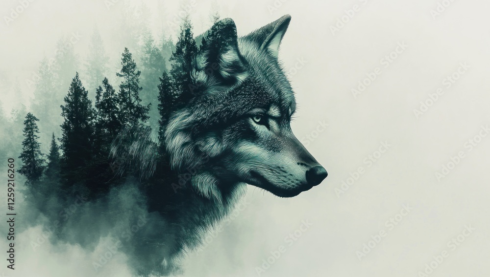 Fototapeta premium Majestic Wolf in Misty Forest: A Double Exposure Masterpiece