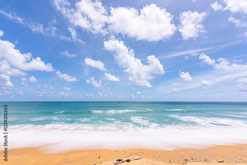 Empty tropical beach and seascape, Beautiful sandy beach and sea in sunny day,Blue sky in good weather day, Beach sea space area nature background Empty tropical beach and seascape, Beautiful sandy beach and sea in sunny day,Blue sky in good weather day, Beach sea space area nature background