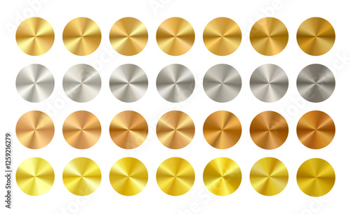 Gold, silver bronze metal radial shield. Medal badge or circle coin. Disk button gradient surface effect. Circular round brushed foil clipart. Golden warranty diploma sticker. Stainless nickel plate