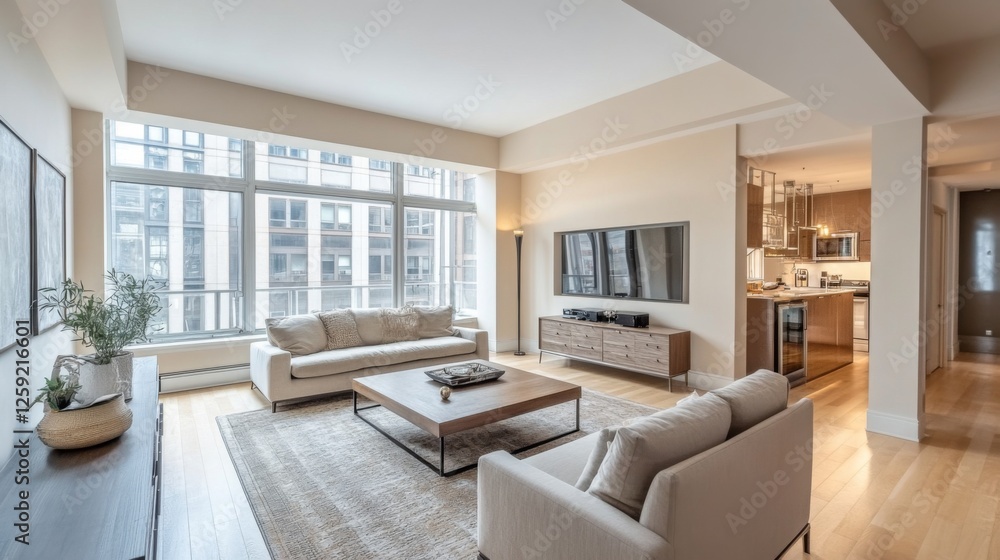 A spacious living room with large windows, an open floor plan, and a neutral color palette, including a comfortable sofa, coffee table, and a stylish entertainment center. A spacious living room with large windows, an open floor plan, and a neutral color palette, including a comfortable sofa, coffee table, and a stylish entertainment center.