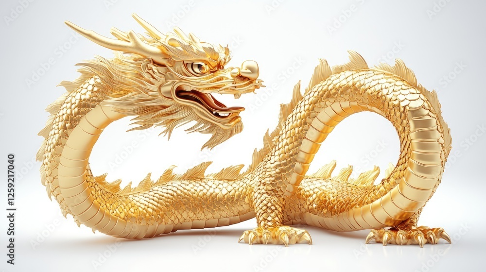 Fototapeta premium Golden dragon statue coiled, studio shot, white background, Asian art