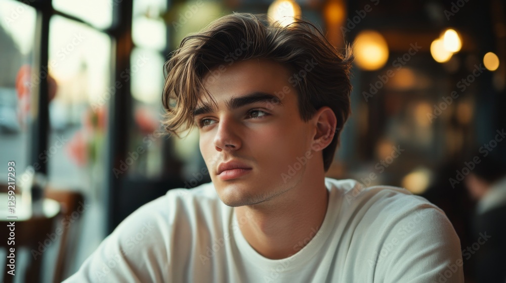 Fototapeta premium A young man with a side-parted hairstyle, casually styled and relaxed, sitting at a caf, reflecting a modern and approachable aesthetic.