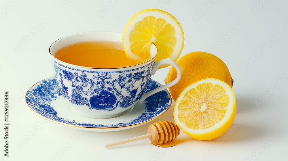 Elegant Tea Cup With Lemon And Honey On White Background Elegant Tea Cup With Lemon And Honey On White Background