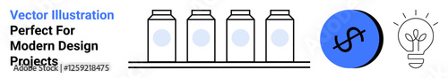Four bottles on a conveyor belt, blue circle with dollar sign, and lightbulb indicating innovation. Ideal for business, technology, automation, entrepreneurship, packaging, creativity flat landing