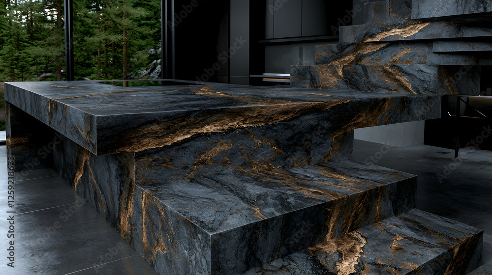Modern kitchen island countertop, dark marble, stairs, forest view Modern kitchen island countertop, dark marble, stairs, forest view