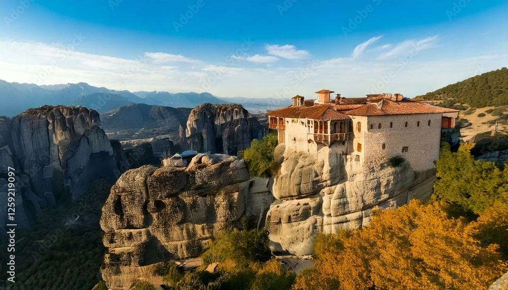 Fototapeta premium cliffside monastery overlooking a vast landscape 