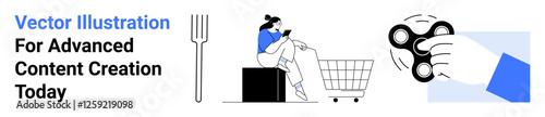 Woman seated near a shopping cart checks her phone, with fork and fidget spinner design elements. Ideal for e-commerce, time management apps, multitasking, lifestyle blogs, retail, relaxation