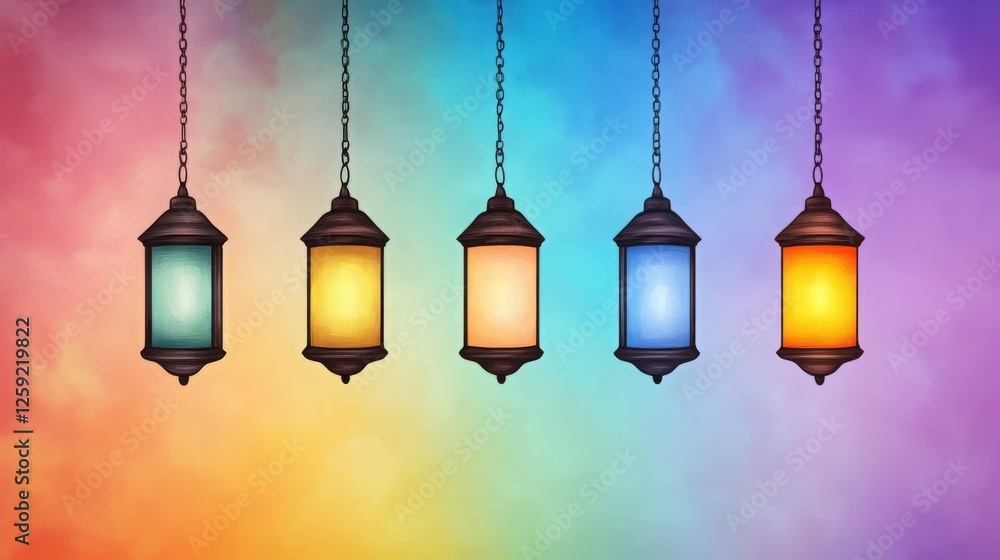 Colorful hanging lanterns against a gradient rainbow background, creating a vibrant, festive atmosphere Colorful hanging lanterns against a gradient rainbow background, creating a vibrant, festive atmosphere