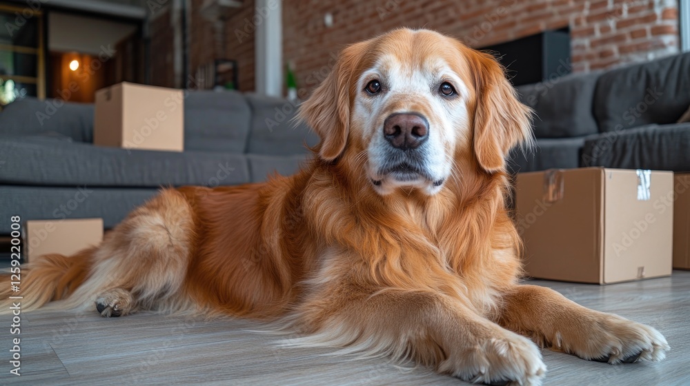 Golden Retriever waits in new home amidst boxes Golden Retriever waits in new home amidst boxes