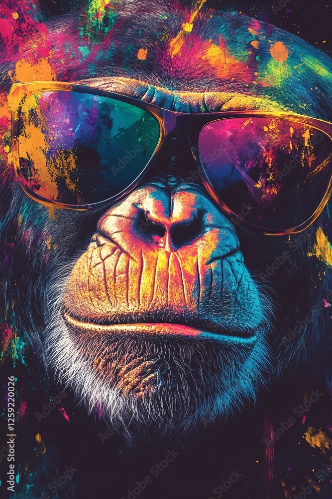 Fototapeta premium Cool funky chimpanzee wearing sunglasses with colorful paint splatter background