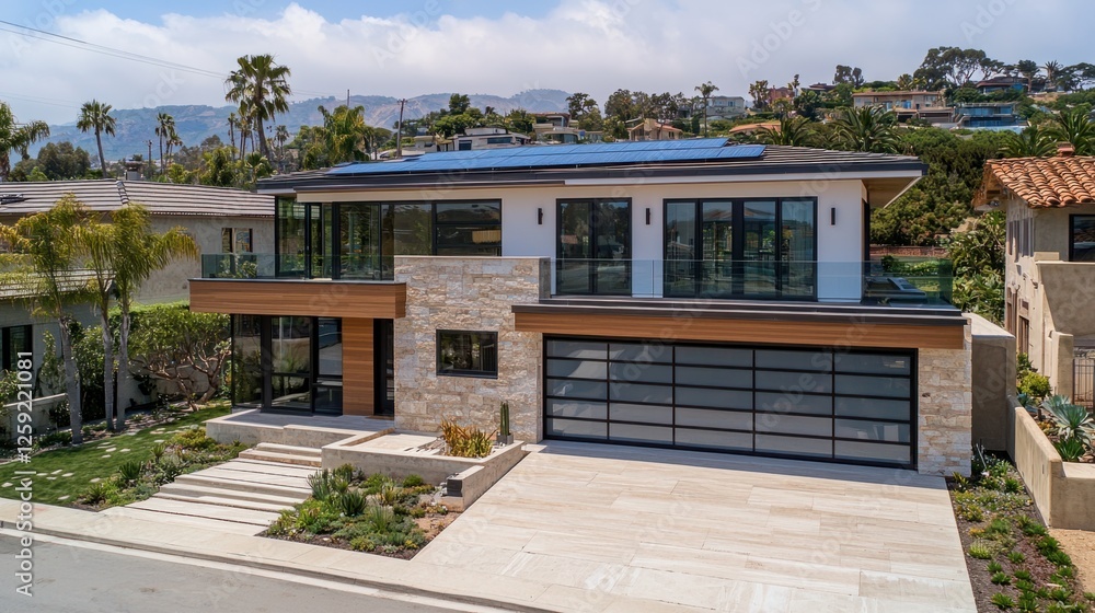Fototapeta premium Modern Luxury Home with Solar Panels and Contemporary Design