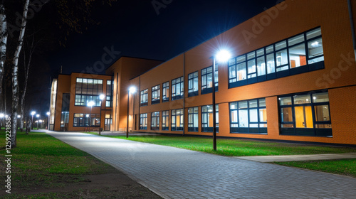 modern school building illuminated at night, showcasing its architecture and surrounding pathway