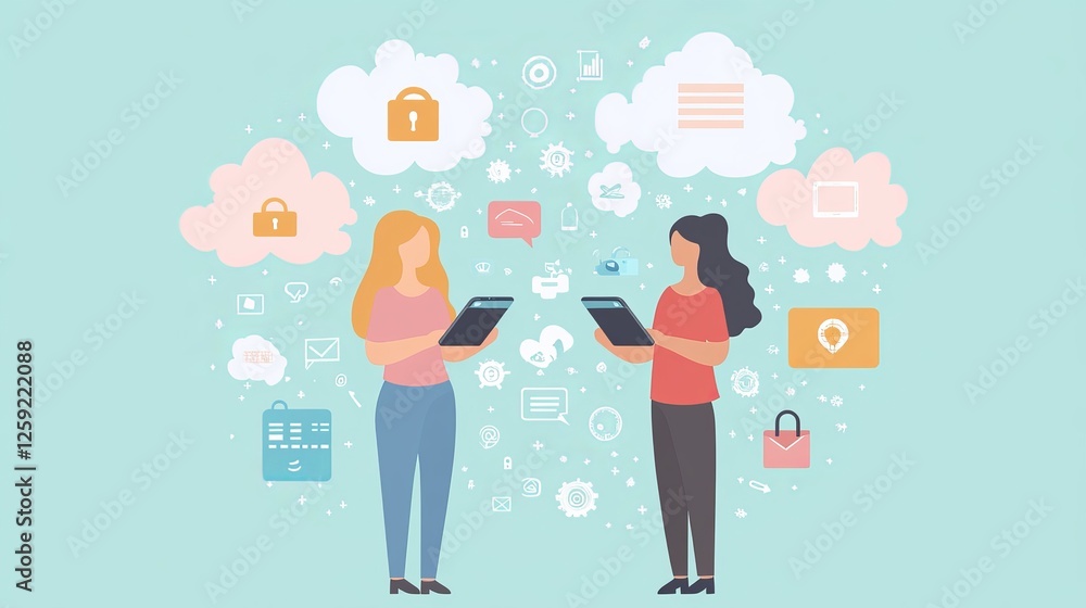 Two Women Standing Confidently in Front of a Whimsical Cloud Filled with Colorful Icons Symbolizing Technology and Connection Creating a Vibrant and Engaging Visual Representation Two Women Standing Confidently in Front of a Whimsical Cloud Filled with Colorful Icons Symbolizing Technology and Connection Creating a Vibrant and Engaging Visual Representation