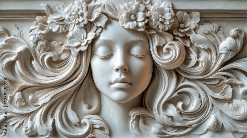 Detailed Carved Relief Depicting Serene Woman’s Face Surrounded by Floral Design in Elegant Art Style Detailed Carved Relief Depicting Serene Woman’s Face Surrounded by Floral Design in Elegant Art Style