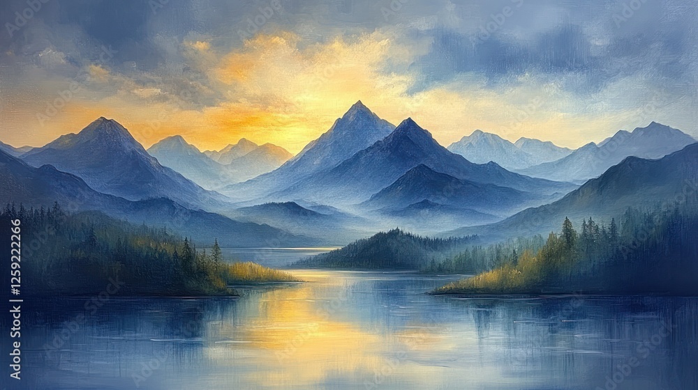 Majestic sunset mountain lake landscape painting Majestic sunset mountain lake landscape painting