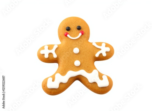 an image of a gingerbread man with a red nose and a smile, there is a gingerbread man with a red nose and a white top photo