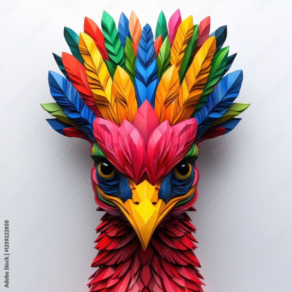 Obraz premium A vibrant, colorful bird sculpture featuring an elaborate feathered crest, showcasing artistic craftsmanship and creativity.