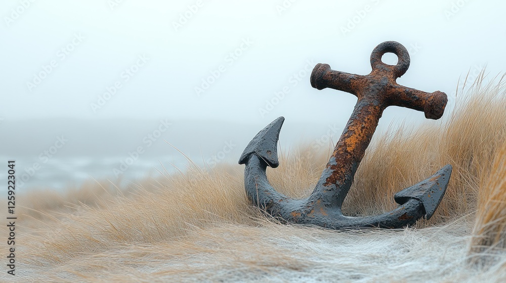 Fototapeta premium Rusty anchor in coastal grass, foggy sea background, hope concept
