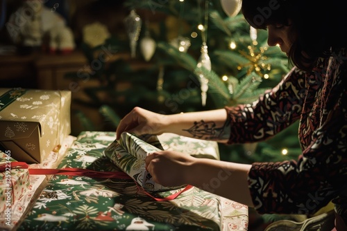 A woman carefully wrapping Christmas gifts in festive paper photo