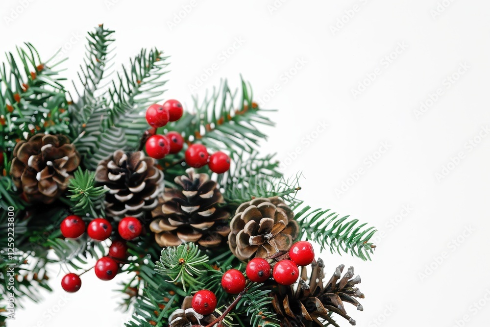 A festive wreath of fir branches adorned with red berries and pine cones A festive wreath of fir branches adorned with red berries and pine cones