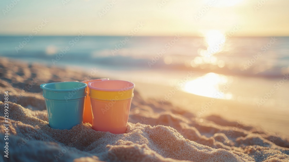 Colorful Beach Buckets on Sand with Soft Waves and Sunset Glow Over Tranquil Ocean Background Colorful Beach Buckets on Sand with Soft Waves and Sunset Glow Over Tranquil Ocean Background