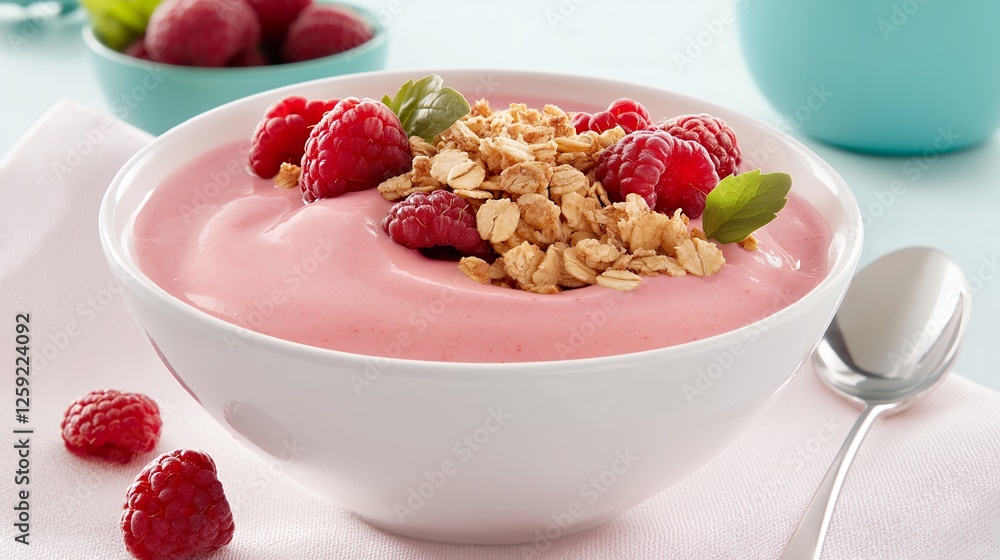 Pink Smoothie Bowl With Granola And Raspberries Pink Smoothie Bowl With Granola And Raspberries