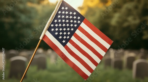 Honoring sacrifice american flag displayed at cemetery memorial tribute serene environment close-up perspective photo