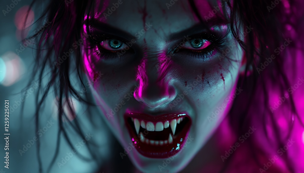 Vampire Woman Growling with Sharp Teeth and Fierce Expression Close Up Vampire Woman Growling with Sharp Teeth and Fierce Expression Close Up