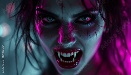Vampire Woman Growling with Sharp Teeth and Fierce Expression Close Up