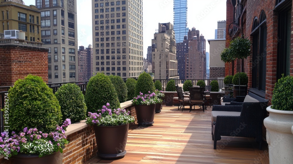 Elegant Rooftop Garden with Urban Skyline View in City Landscape Elegant Rooftop Garden with Urban Skyline View in City Landscape