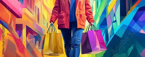 Woman walking and holding shopping bags in a colorful city illustration