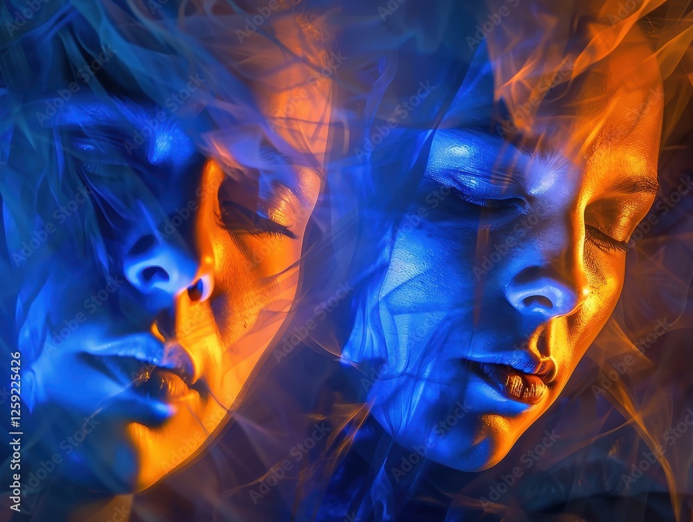 Fototapeta premium Abstract Portraits of Faces in Blue and Orange Showcasing Emotions and Social Masks