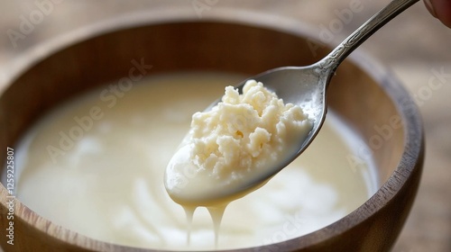 Creamy spoonful of fresh dairy product being lifted from a wooden bowl, rustic kitchen setting photo