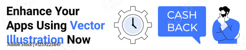 Gear with clock, cashback text in speech bubble, thinking man. Ideal for marketing, apps, technology, savings, customer engagement, business strategy flat landing page banner