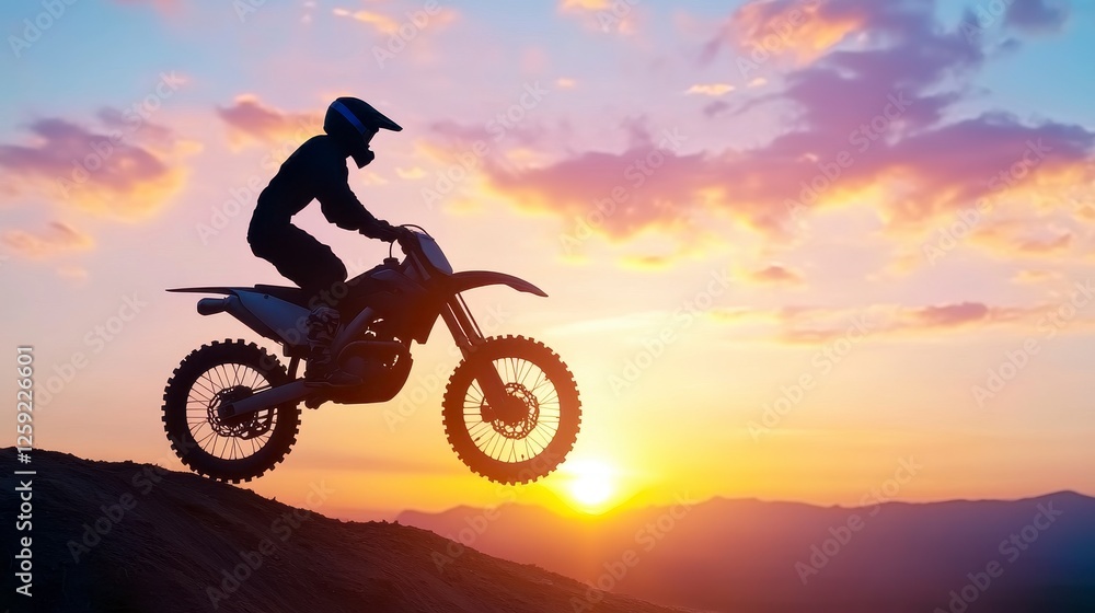 Fototapeta premium Motorcyclist Silhouette Jumping Dirt Bike at Sunset