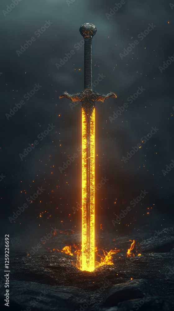 Naklejka premium Fiery Sword in the Dark: A Fantasy Illustration