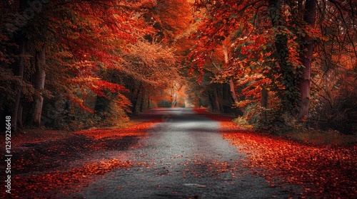 Autumn landscape featuring serene trees with vibrant orange-red foliage
