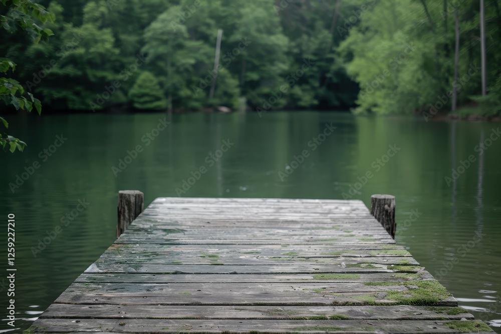 Fototapeta premium Peaceful wooden pier by a tranquil lake surrounded by lush forest
