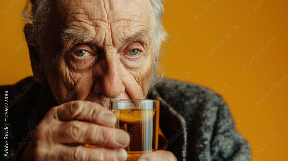 Older man with deep wrinkles holding a shot glass, gazing downward against a minimalistic background Older man with deep wrinkles holding a shot glass, gazing downward against a minimalistic background