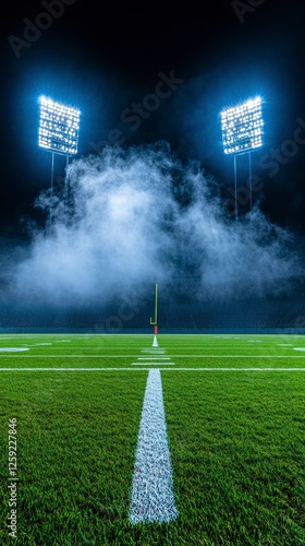 Night Football Field with Dramatic Lighting and Fog