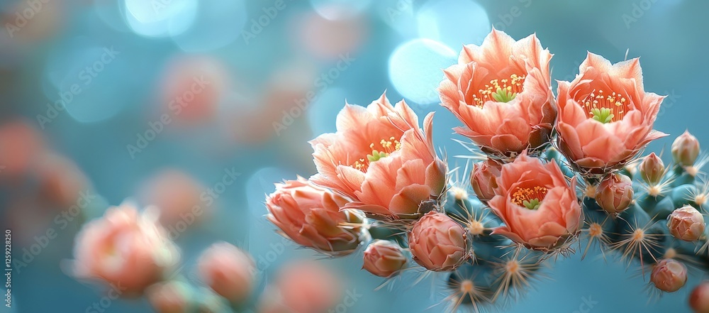 Close-up of delicate peach-colored cactus blossoms against a blurred teal background. Close-up of delicate peach-colored cactus blossoms against a blurred teal background.